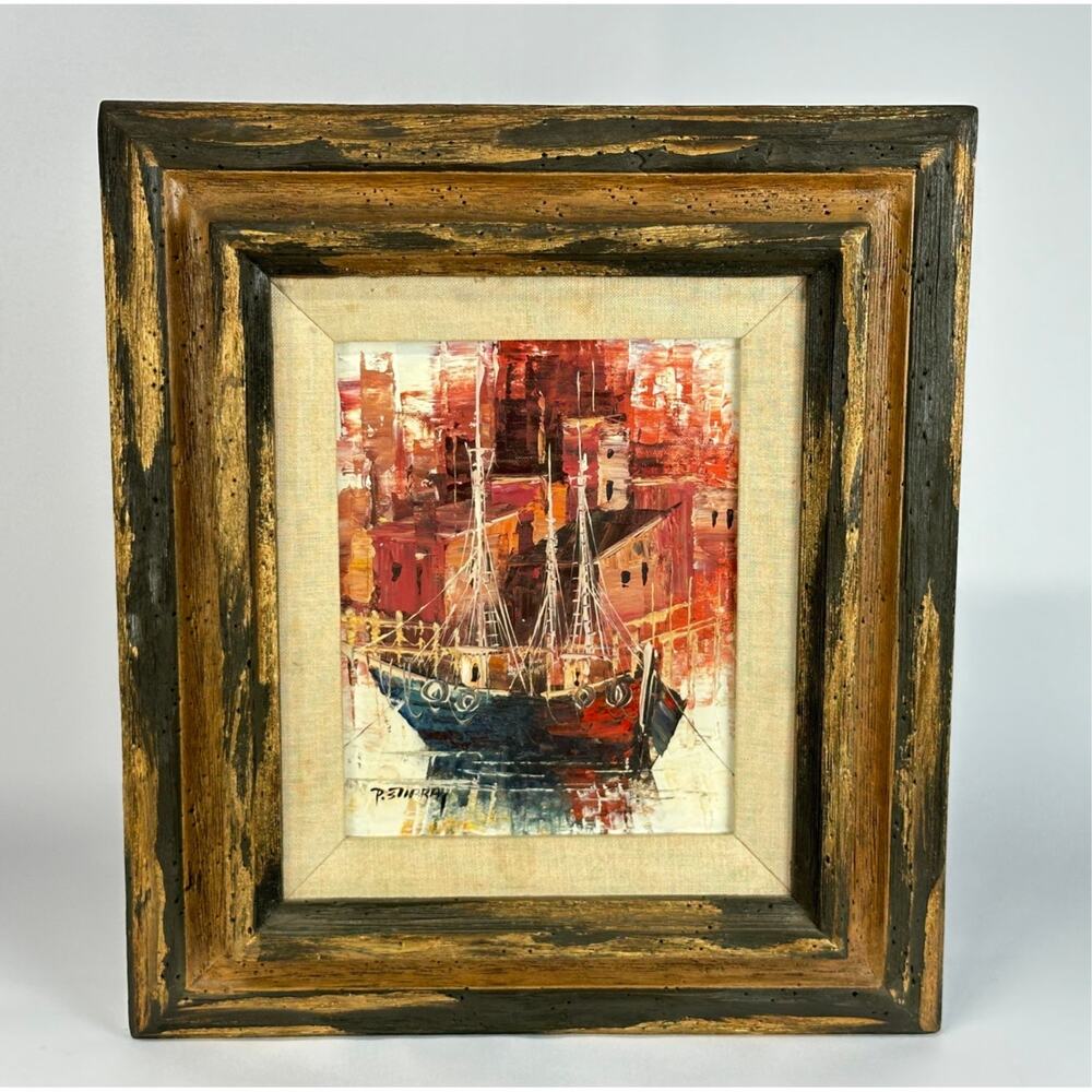 Paolo Stirrat Signed Palette Knife Oil Painting, Harbor Sailing Ships, Framed